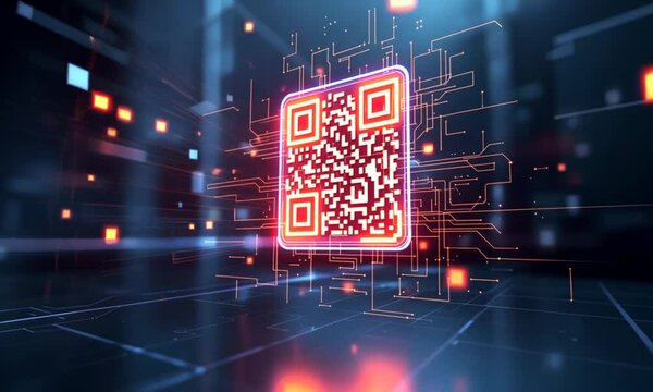 Digital QR code on circuit board, futuristic tech background.  Use website, app, technology