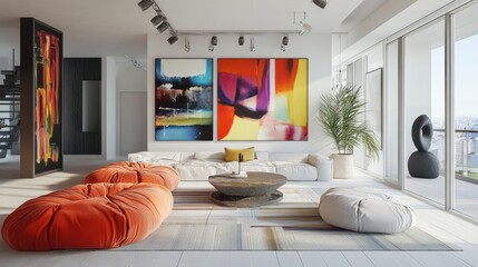 3D artistic loft-style living room with colorful abstract