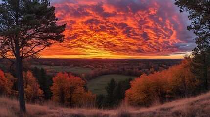 Obraz premium Vibrant Sunset Over Serene Countryside With Trees and Reflective Water, landscape view