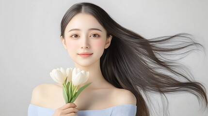 Naklejka premium Elegant young woman with flowing hair holding white tulips on a soft background in a serene portrait style