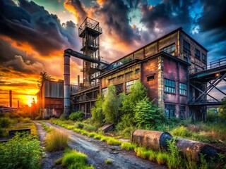 Moody Industrial Twilight: Decaying Factory Landscape at Dusk - Stock Photo