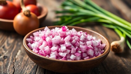 Red Onion Dice in Wooden Bowl on Table