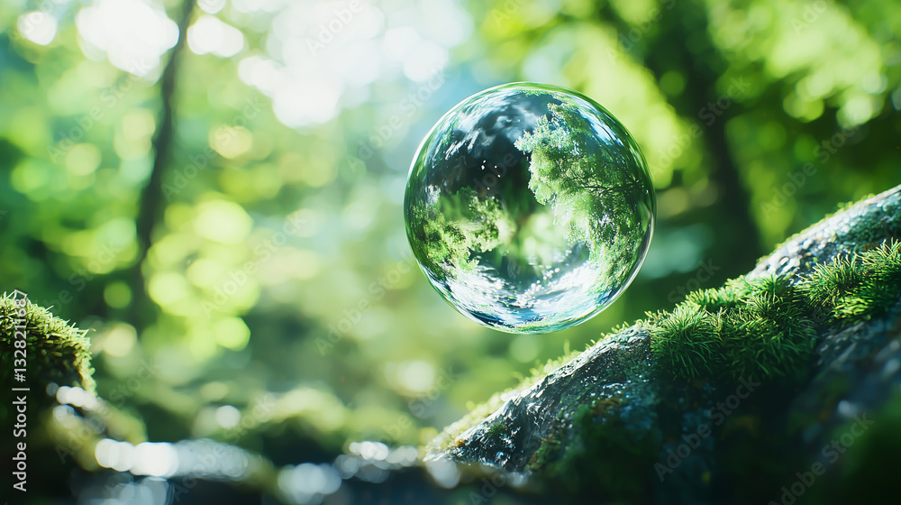 Aufkleber transparent floating bubble reflects lush green forest with sunlight streaming through, creating serene and magical atmosphere. bubble hovers above moss covered branches in natural setting