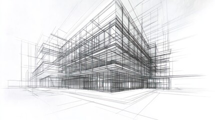 Obraz premium Architectural Building Sketch, Modern Structure, Cityscape View, for Presentation, Education, or Design