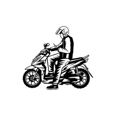 Naklejka premium motorcycle taxi driver stops on his motorcycle to look at information on his phone black and white vector line art