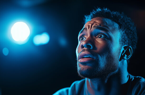 close up of man backstage under dramatic lighting, looking nervous and sweating, with spotlight in background creating tense atmosphere - Powered by Adobe