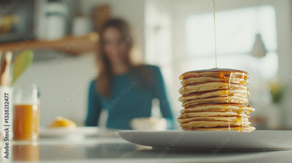 Poster stack of golden pancakes is drizzled with syrup in bright kitchen, with blurred figure in background adding cozy and inviting atmosphere