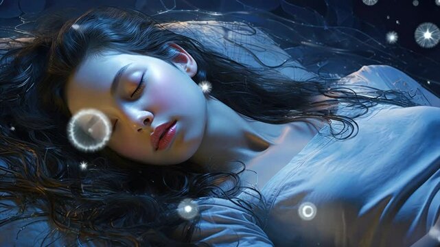 Pretty young lady sleeping and dreaming. Sweet beautiful dreams during night sleep