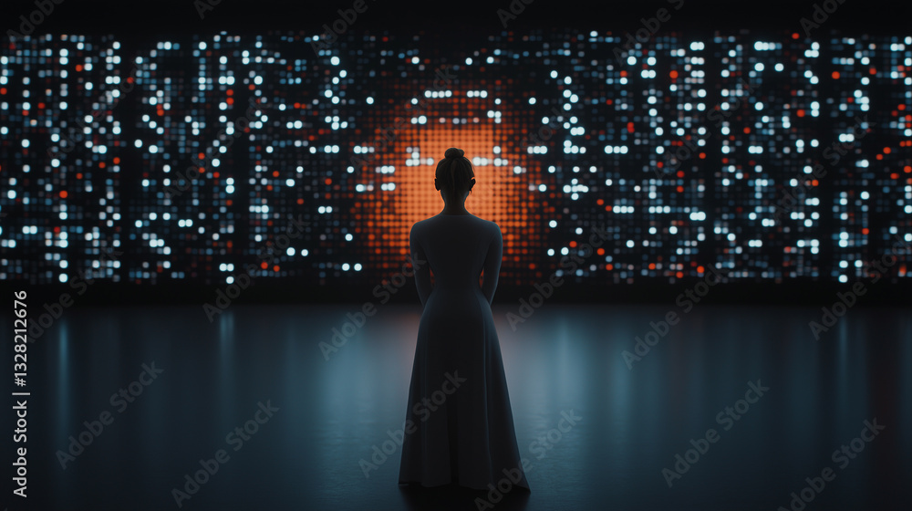 Aufkleber woman stands in futuristic setting, facing glowing digital wall filled with illuminated patterns and