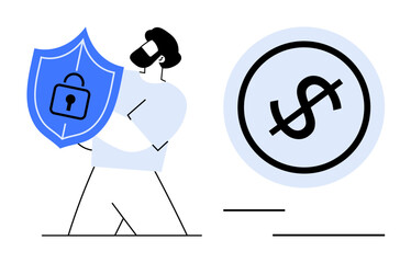Man holding shield with lock facing currency symbol, emphasizing protection, safety, values. Ideal for finance, security, trust, safeguarding investment confidentiality insurance. Flat simple
