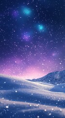 Obraz premium Magical Frosty Landscape With Snowy Hills And Starry Sky, northern borealis color theme