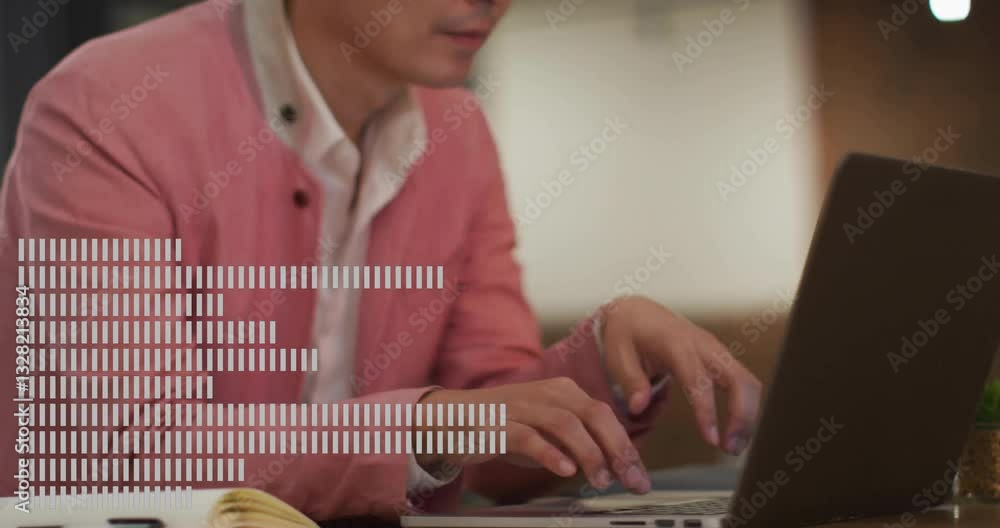 Poster person in pink jacket typing on laptop with data processing animation overlay