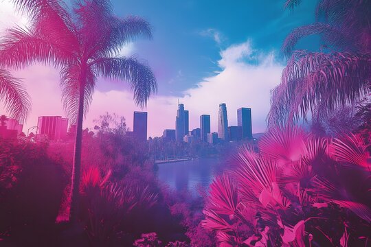 A Vibrant, Surreal Sunset Over the Los Angeles Skyline, Framed by Dreamy Pink and Purple Palm Trees