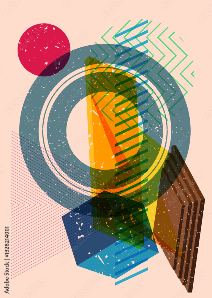 Poster colorful geometric shapes. object in trendy riso graph design. geometry elements abstract risograph 