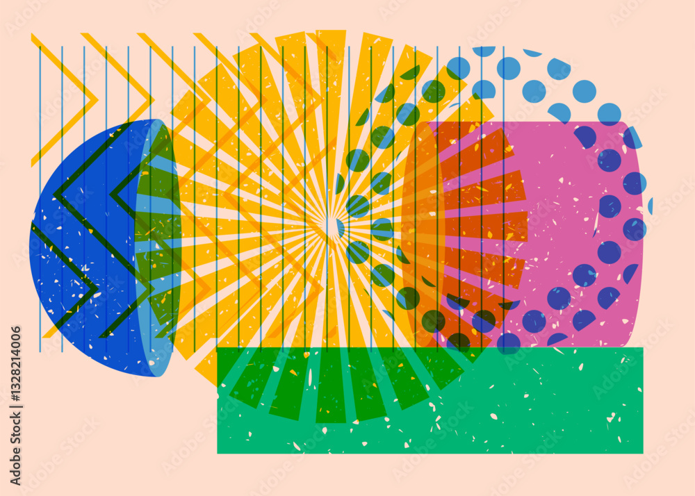 Poster colorful geometric shapes. object in trendy riso graph design. geometry elements abstract risograph 
