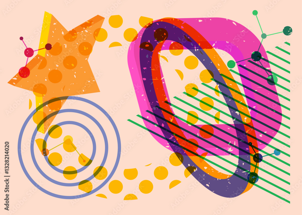 Poster colorful geometric shapes. object in trendy riso graph design. geometry elements abstract risograph 