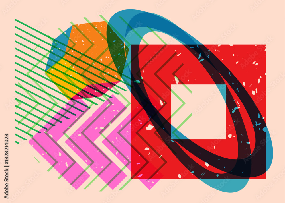 Poster colorful geometric shapes. object in trendy riso graph design. geometry elements abstract risograph 
