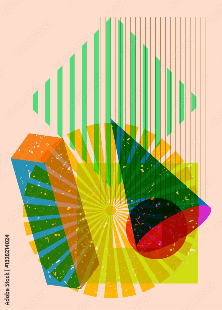 Poster colorful geometric shapes. object in trendy riso graph design. geometry elements abstract risograph 