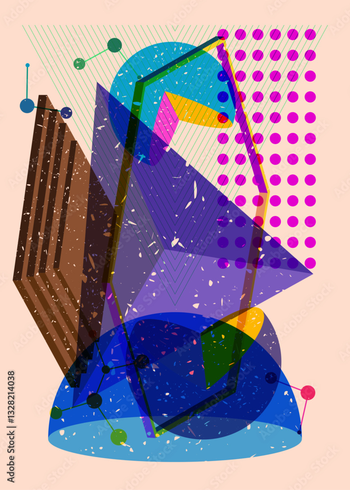 Poster colorful geometric shapes. object in trendy riso graph design. geometry elements abstract risograph 