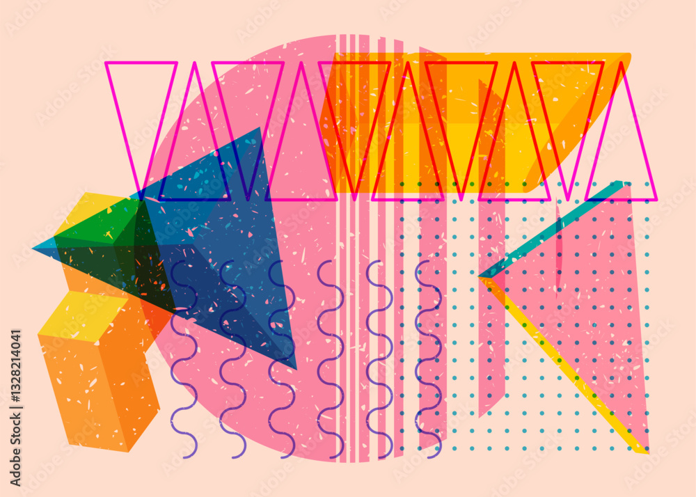 Poster colorful geometric shapes. object in trendy riso graph design. geometry elements abstract risograph 