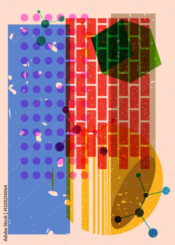 Poster colorful geometric shapes. object in trendy riso graph design. geometry elements abstract risograph 