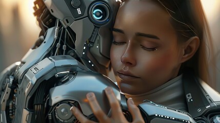 Fototapeta premium A serene embrace between a woman and a humanoid robot, blending human warmth with futuristic technology.