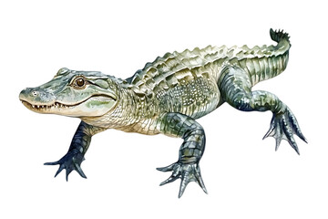 Naklejka premium Detailed Alligator Portrait with Green Scales on Transparent Background Reptilian Wildlife Creature with Sharp Teeth Walking