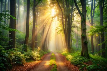 Obraz premium Mystical Foggy Forest Path: Sunlight Through Trees - Minimalist Nature Stock Photo