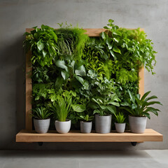 Vertical Garden with Lush Green Plants Against a Concrete Wall
