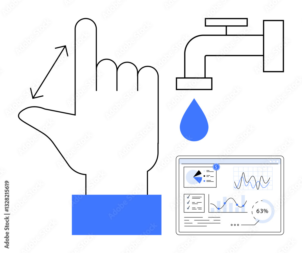 Poster hand gesture measuring size, water droplet from faucet, and analytics dashboard emphasizing resource
