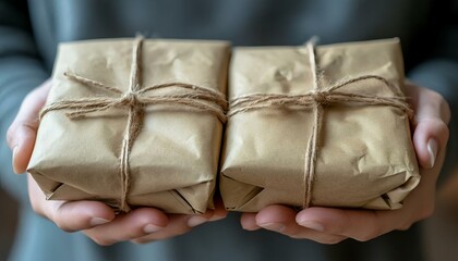 Obraz premium Hands Holding Two Wrapped Gifts in Brown Paper with Twine
