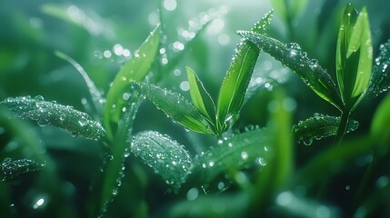 Close-Up of Lush Green Leaves Covered in Morning Dew Drops, drops of water on leaves