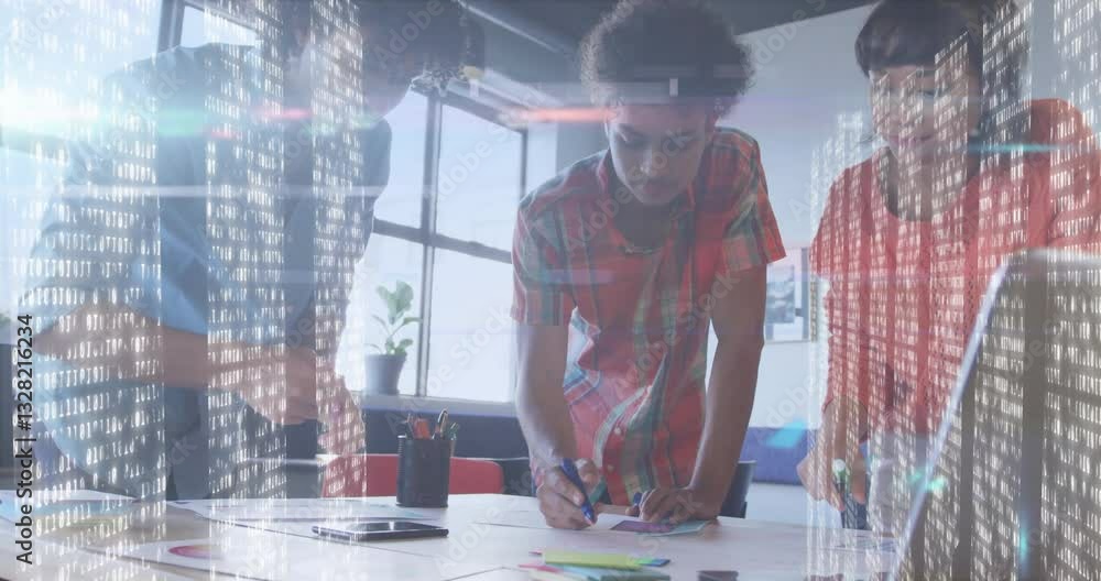 Poster collaborating at office desk, young professionals using animation with digital data