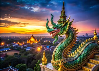 Fototapeta premium Naga Statue Wat Phayap Korat Thailand Roof Bokeh Night