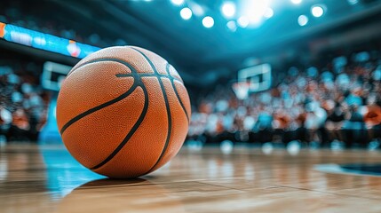 Close-up of Basketball on Shiny Wooden Floor with Excited Crowd in the Background, Capturing the Pregame SilenceTension of an Intense Basketball Game for Sports  Concepts