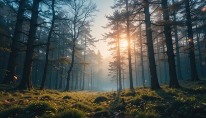 Sunrise over tranquil forest nature landscape early morning misty environment serene viewpoint