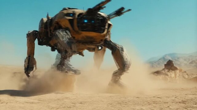 The four-legged robot equipped with a mounted cannon traversed the vast desert, its sensors scanning the arid landscape for any signs of movement.