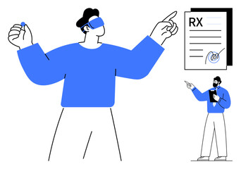 Person using VR glasses gestures at medical prescription while a doctor explains details. Ideal for healthcare, virtual reality, telemedicine, communication, innovation, technology, flat simple