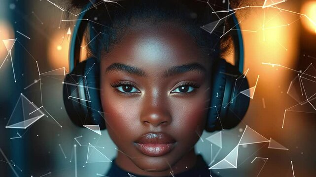 Black woman wearing headphones. Young Multiethnic Female wearing headphones. Close-up of young adult woman wearing headphones. Background with flying patterns. Generated AI.