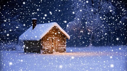 Snow-covered cabin in winter wonderland.