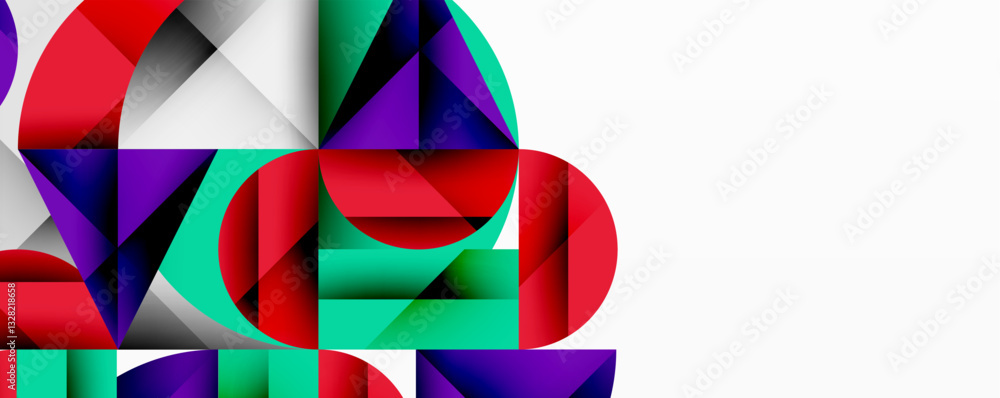Poster Abstract geometric design with intersecting circles, triangles, squares and sharp angles creating a layered composition with gradients, depth, and contrast