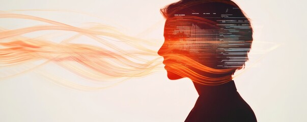 A silhouette of a person with data and orange light flowing