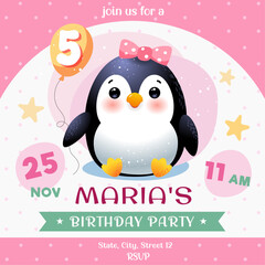 birthday party template invitation card with cute penguin girl, greeting, celebration, vector illustration