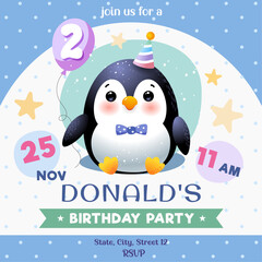 invitation of birthday  party card  with cute baby penguin, children, celebration, event, greeting, cute template  vector illustration
