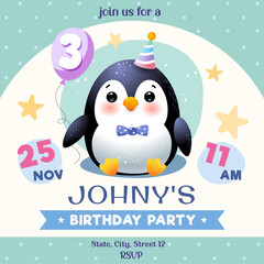  birthday party  invitation card with baby penguin, celebration, event, greeting, cute vector illustration