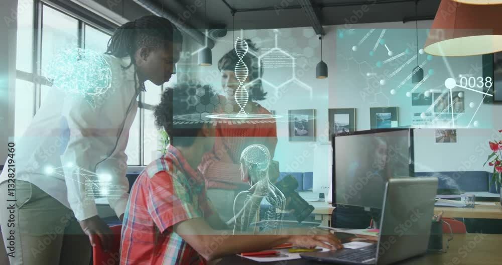Poster diverse team collaborating at office with digital dna and data processing animation