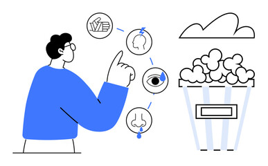 Person pointing to sensory icons representing touch, taste, smell, sight, and sound near popcorn and clouds. Ideal for sensory learning, education, experience design, food taste creativity