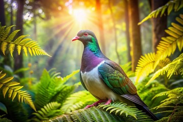 Obraz premium New Zealand Native Forest: Wood Pigeon with Bokeh Background - Stock Photo