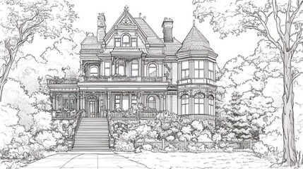 Victorian House Drawing, Exterior, Lush Landscaping, Architectural Sketch,  Potential Use Stock Photo