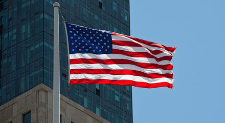 American Flag Flying on a Tall Urban Building